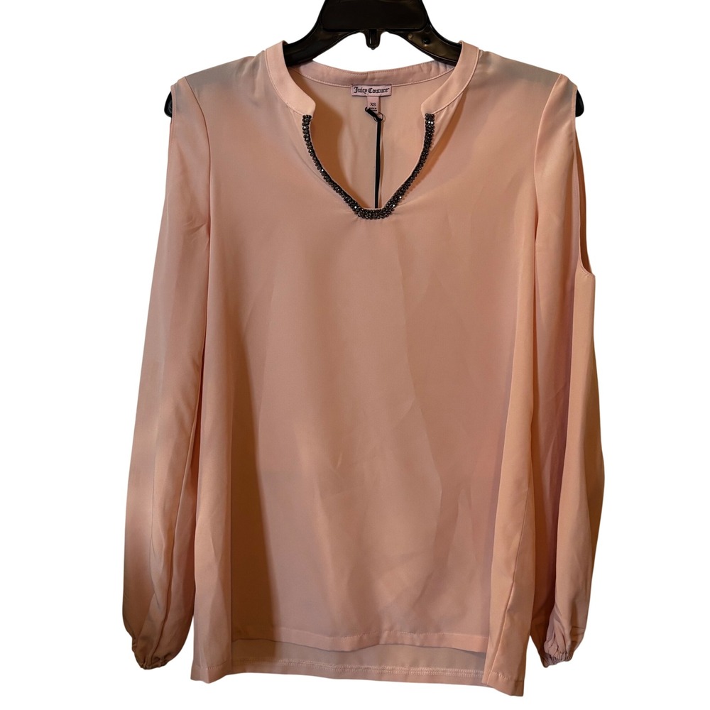 Juicy Couture Women's Cold Shoulder Top XS NWT Beaded Split V-Neck Long Sleeves